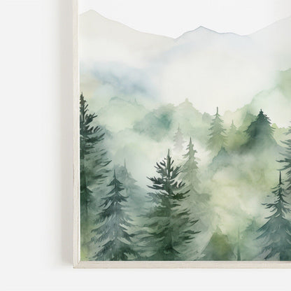 Forest Wall Art, Watercolor Landscape Decor, Misty Mountain Painting - WildfieldPrints