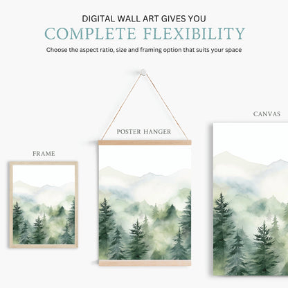 Forest Wall Art, Watercolor Landscape Decor, Misty Mountain Painting - WildfieldPrints