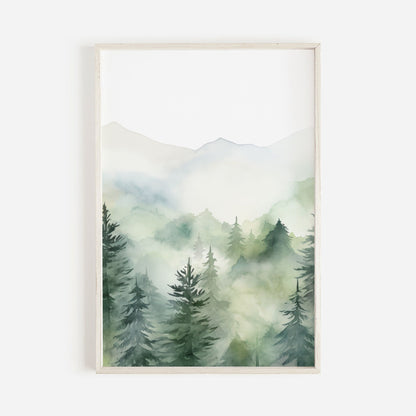 Forest Wall Art, Watercolor Landscape Decor, Misty Mountain Painting - WildfieldPrints