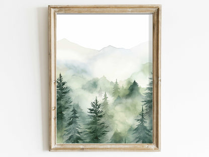 Forest Wall Art, Watercolor Landscape Decor, Misty Mountain Painting - WildfieldPrints
