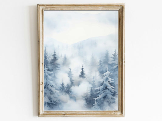 Forest Wall Art, Watercolor Winter Landscape, Nature Print, Fir & Spruce Trees - WildfieldPrints