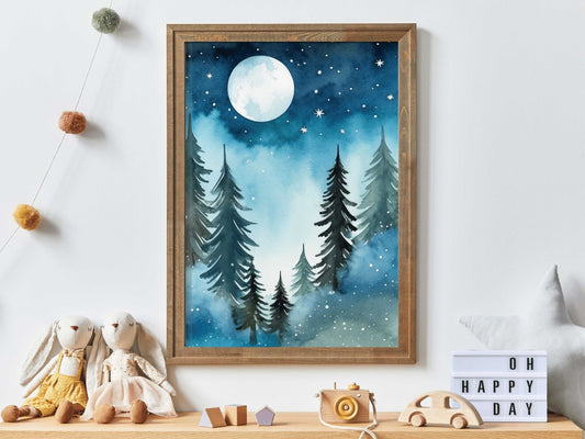 Forest Watercolor Wall Art, Kids Room Decor, Under Moon & Stars - WildfieldPrints
