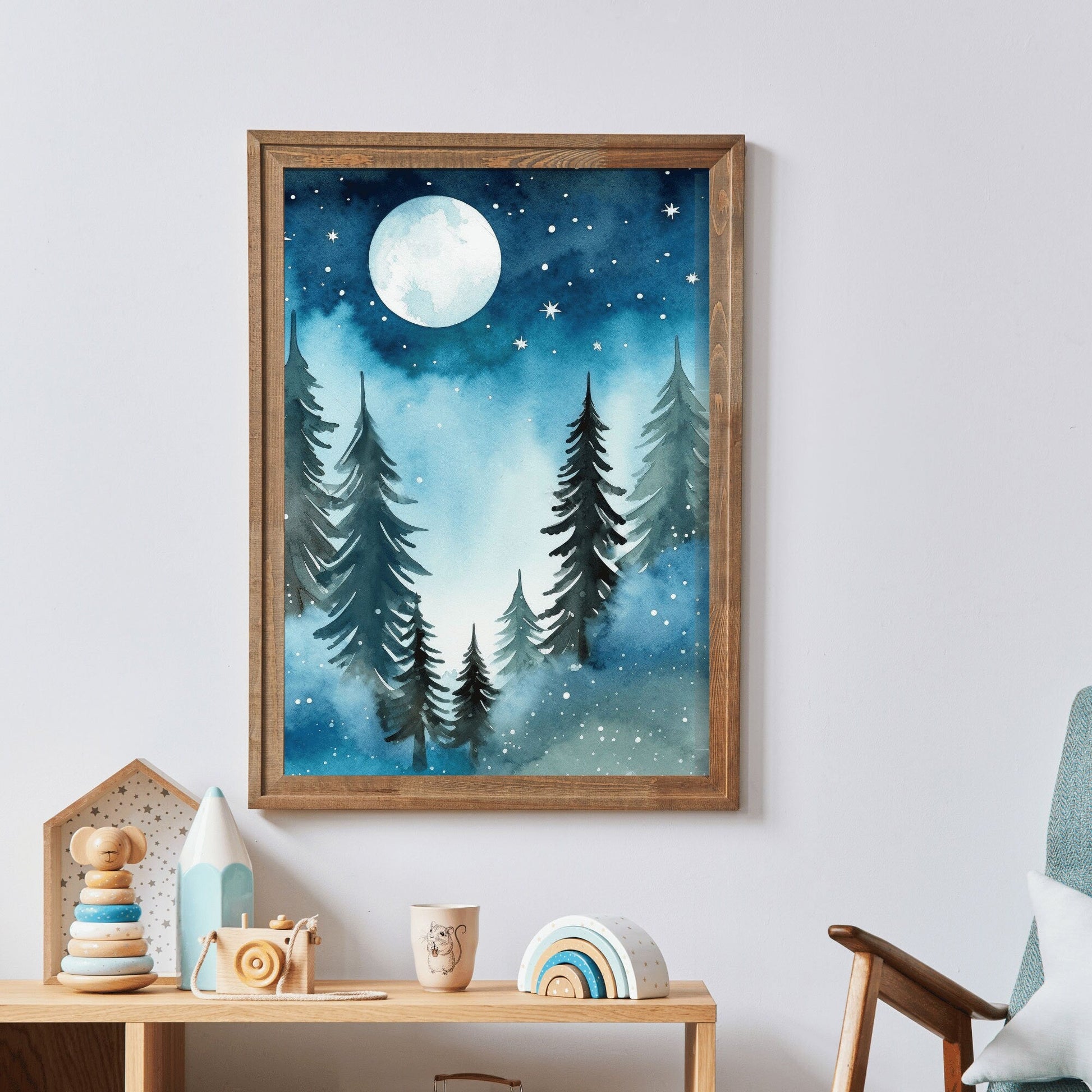 Forest Watercolor Wall Art, Kids Room Decor, Under Moon & Stars - WildfieldPrints