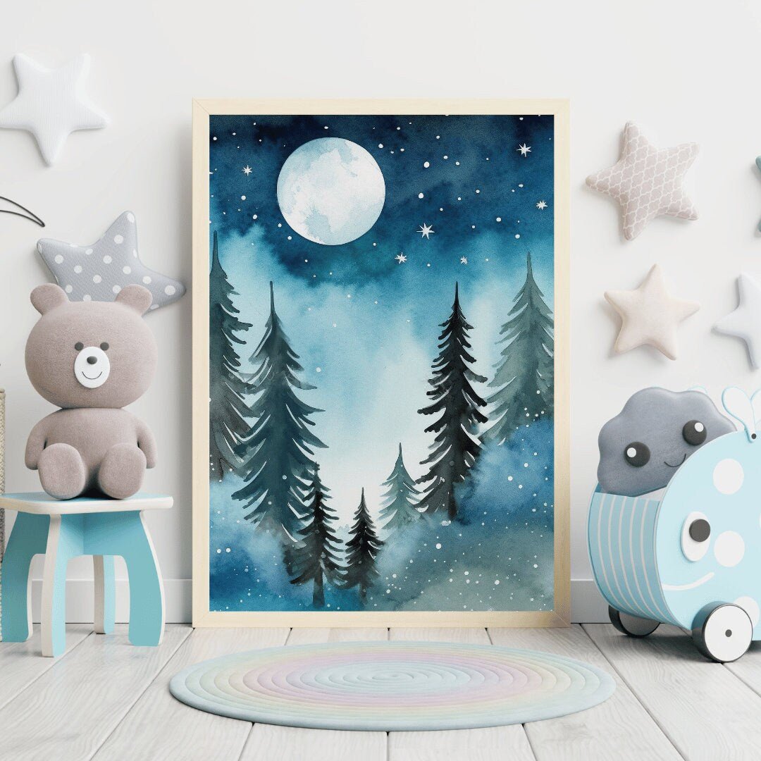 Forest Watercolor Wall Art, Kids Room Decor, Under Moon & Stars - WildfieldPrints