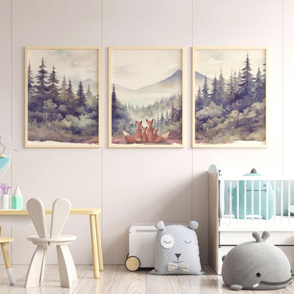 Fox Family Prints, Animal Family of Four Prints, Red Fox Nursery Art, Woodland Nursery, Set of 3, Kids Room Decor, Printable Family Wall Art - My Store