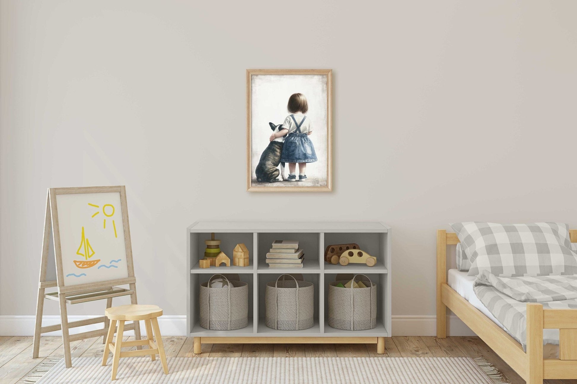 French Bulldog Art, Cute Dog Nursery Decor, Girl & Dog Illustration - WildfieldPrints
