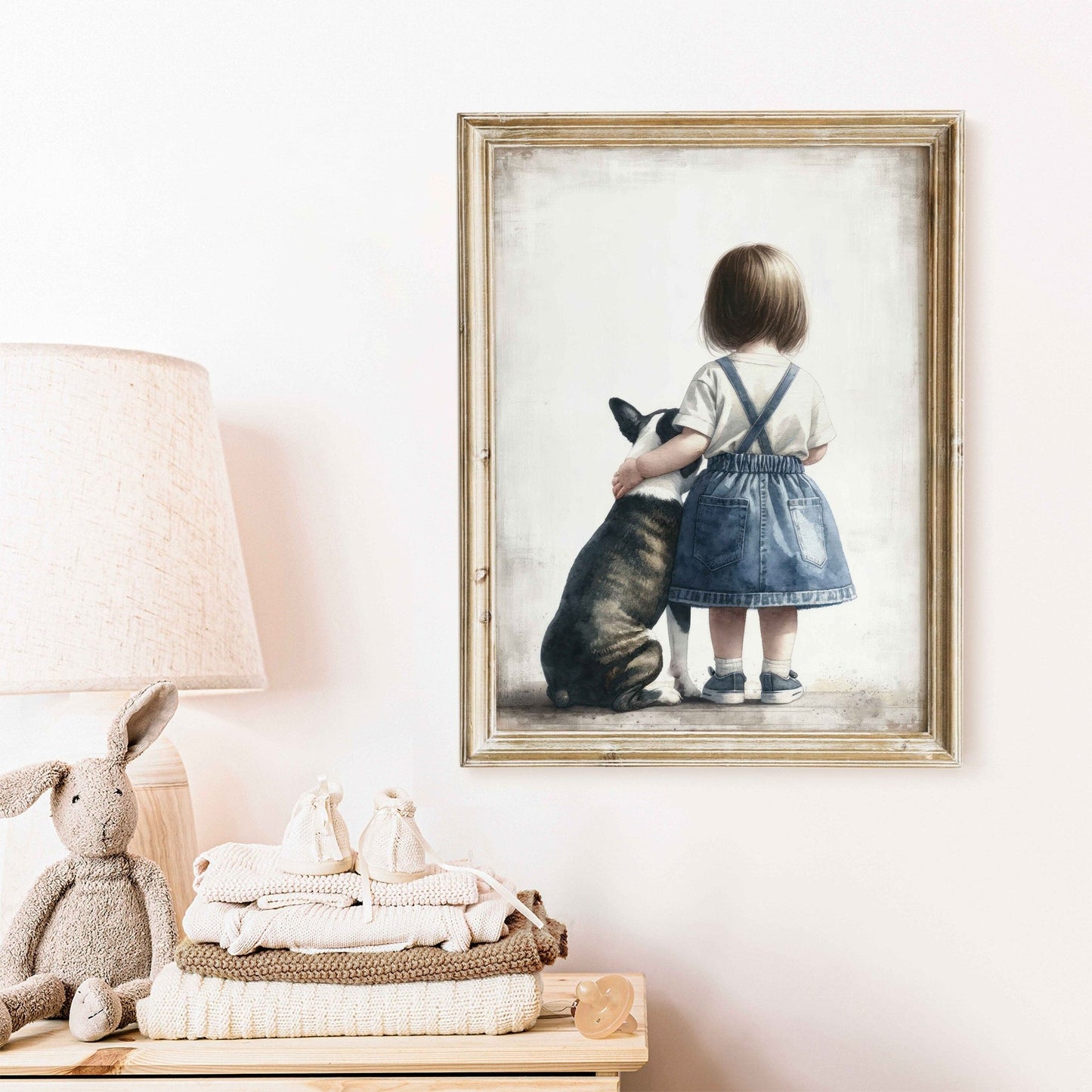French Bulldog Art, Cute Dog Nursery Decor, Girl & Dog Illustration - WildfieldPrints