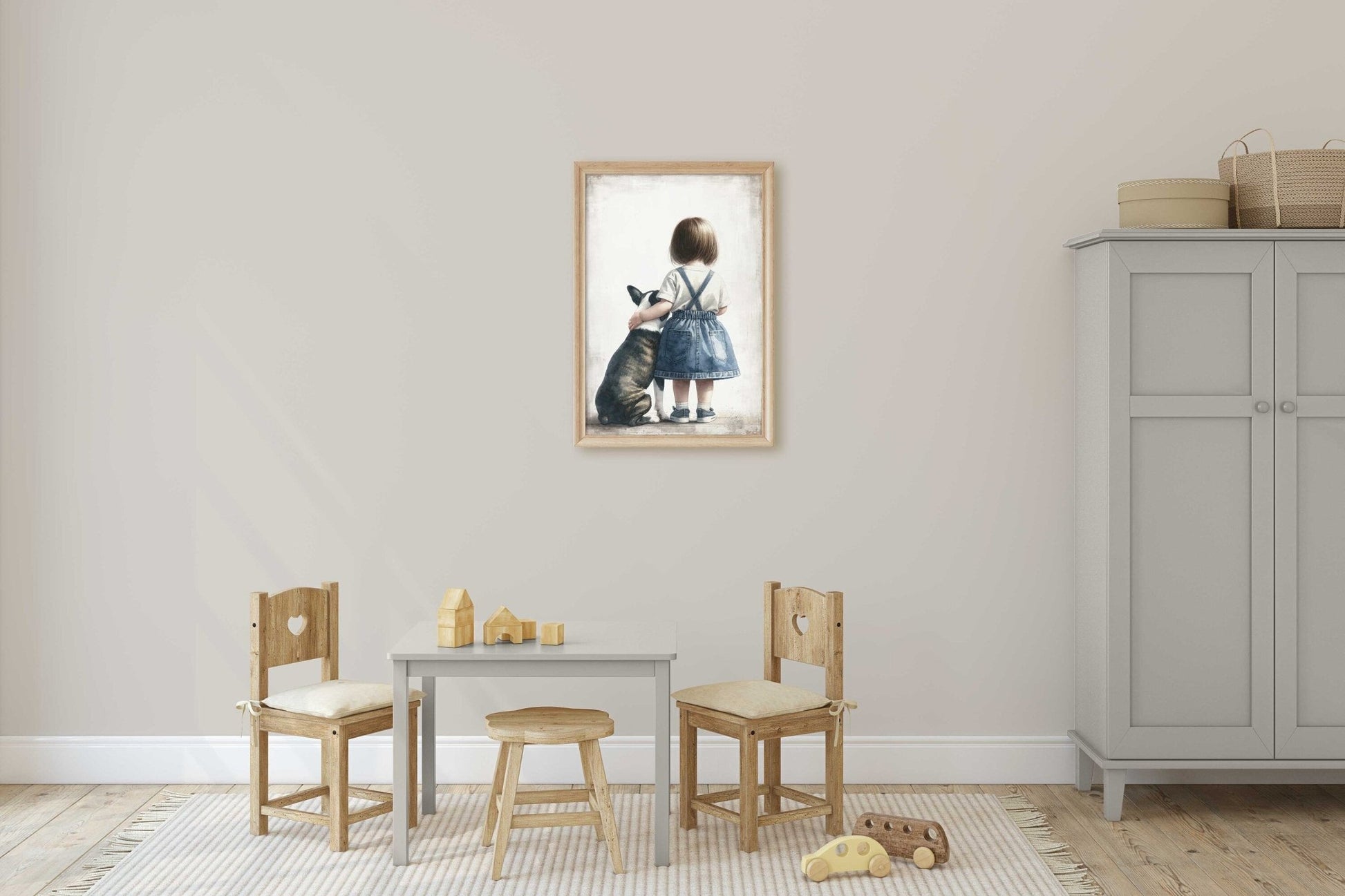 French Bulldog Art, Cute Dog Nursery Decor, Girl & Dog Illustration - WildfieldPrints