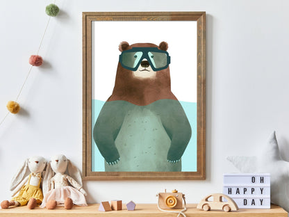 Funny Bear Nursery Wall Art, Minimalist Kids Room Decor, Animals Print - WildfieldPrints