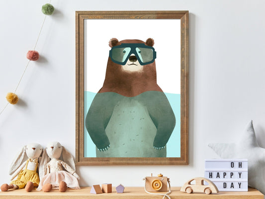 Funny Bear Nursery Wall Art, Minimalist Kids Room Decor, Animals Print - WildfieldPrints