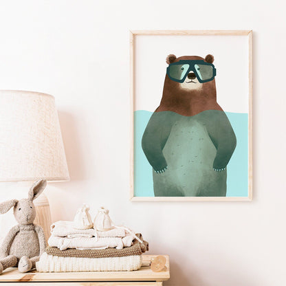 Funny Bear Nursery Wall Art, Minimalist Kids Room Decor, Animals Print - WildfieldPrints