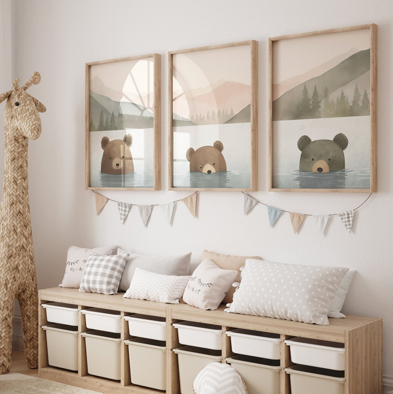 Whimsical Bear Wall Art – Animal Kids Room Print • Set of 3