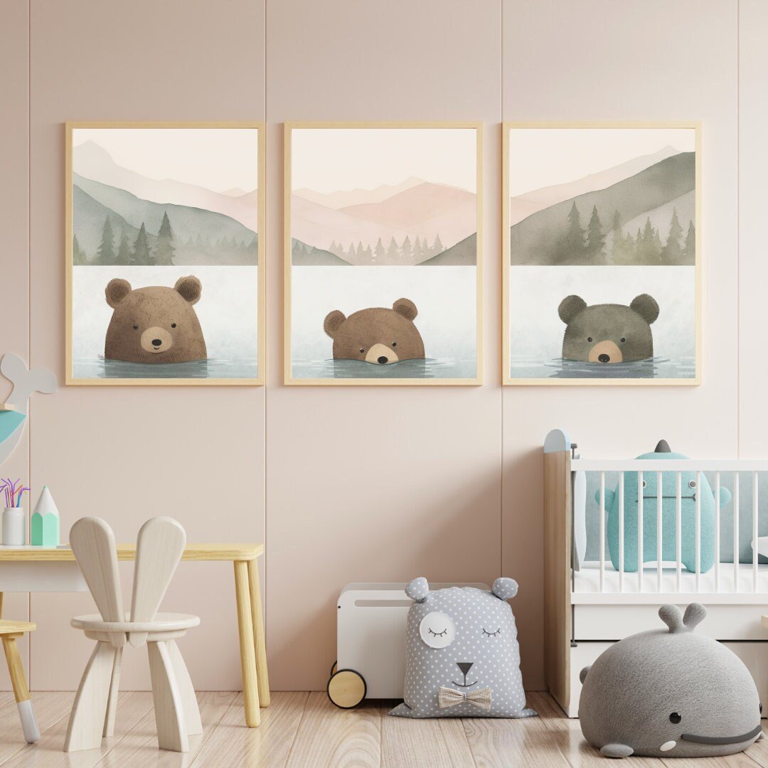 Whimsical Bear Wall Art – Animal Kids Room Print • Set of 3