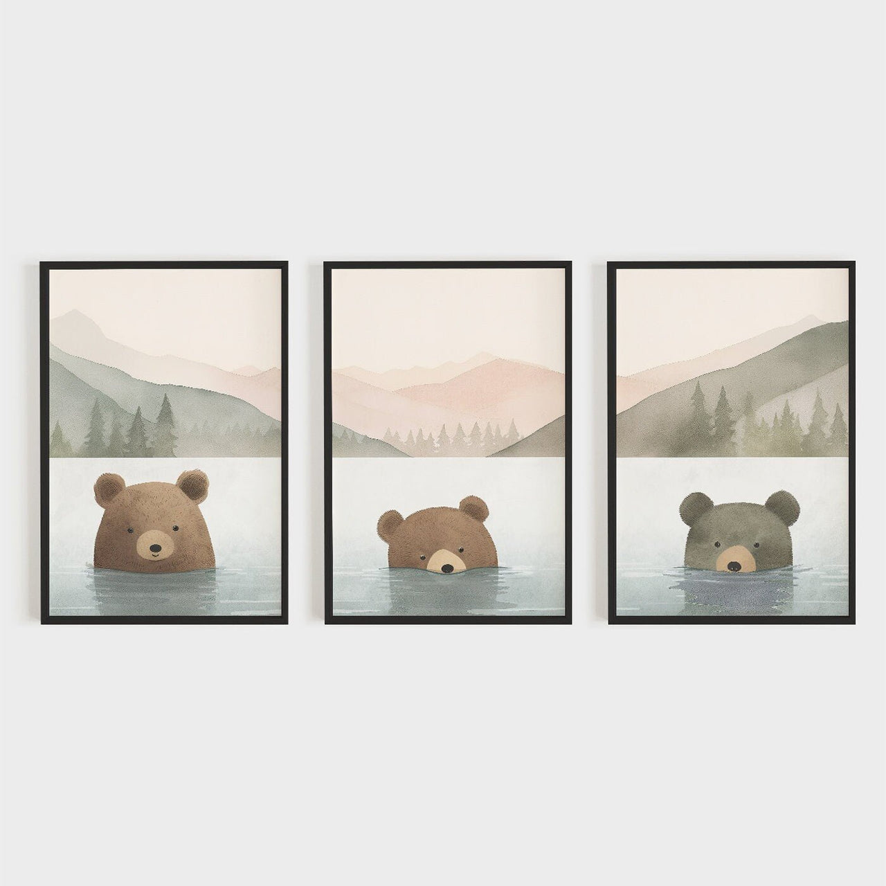 Whimsical Bear Wall Art – Animal Kids Room Print • Set of 3
