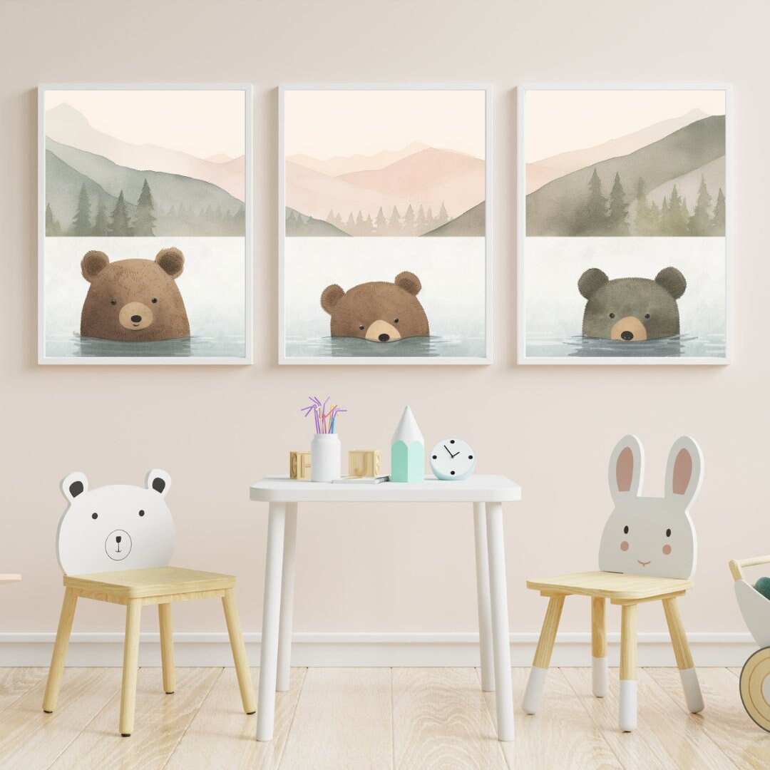 Whimsical Bear Wall Art – Animal Kids Room Print • Set of 3