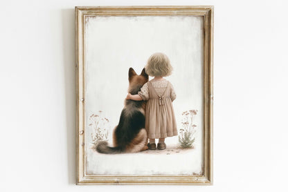 German Shepherd Art, Girl & Dog Decor, Playful Nursery Wall Decor - WildfieldPrints