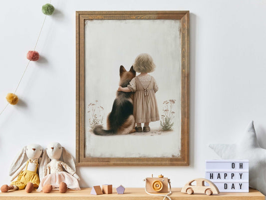 German Shepherd Art, Girl & Dog Decor, Playful Nursery Wall Decor - WildfieldPrints