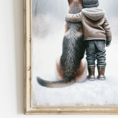 German Shepherd Art Print, Distressed Nursery Wall Decor, Winter Bond - WildfieldPrints