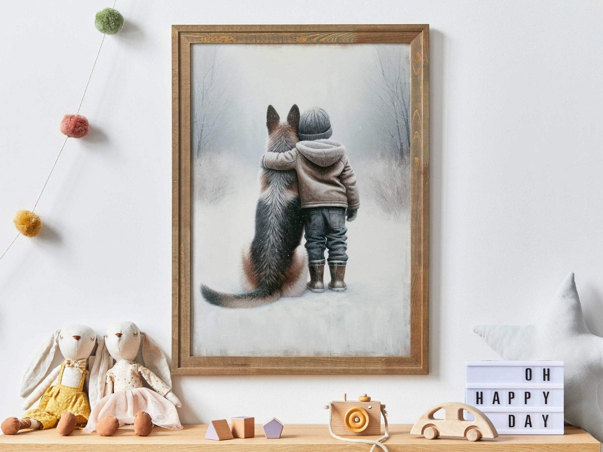 German Shepherd Art Print, Distressed Nursery Wall Decor, Winter Bond - WildfieldPrints