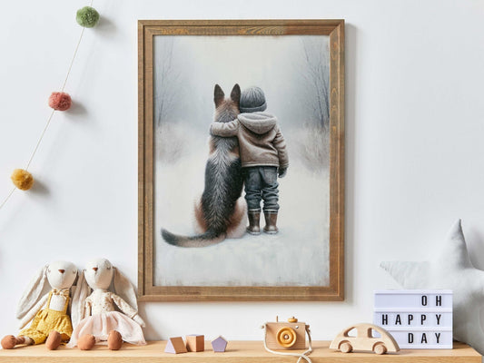 German Shepherd Art Print, Distressed Nursery Wall Decor, Winter Bond - WildfieldPrints