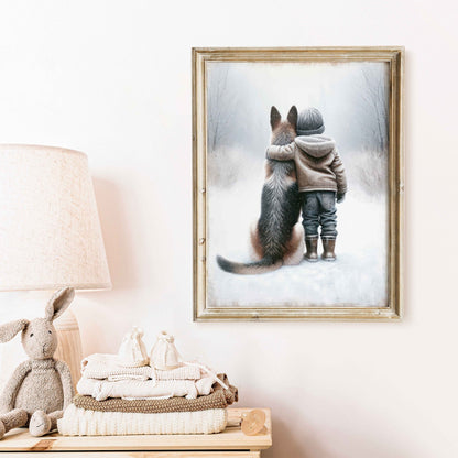 German Shepherd Art Print, Distressed Nursery Wall Decor, Winter Bond - WildfieldPrints