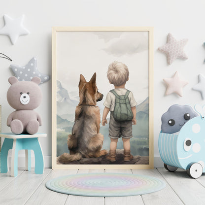 German Shepherd Nursery Art, Boy & Dog Decor, Dog Portrait - WildfieldPrints