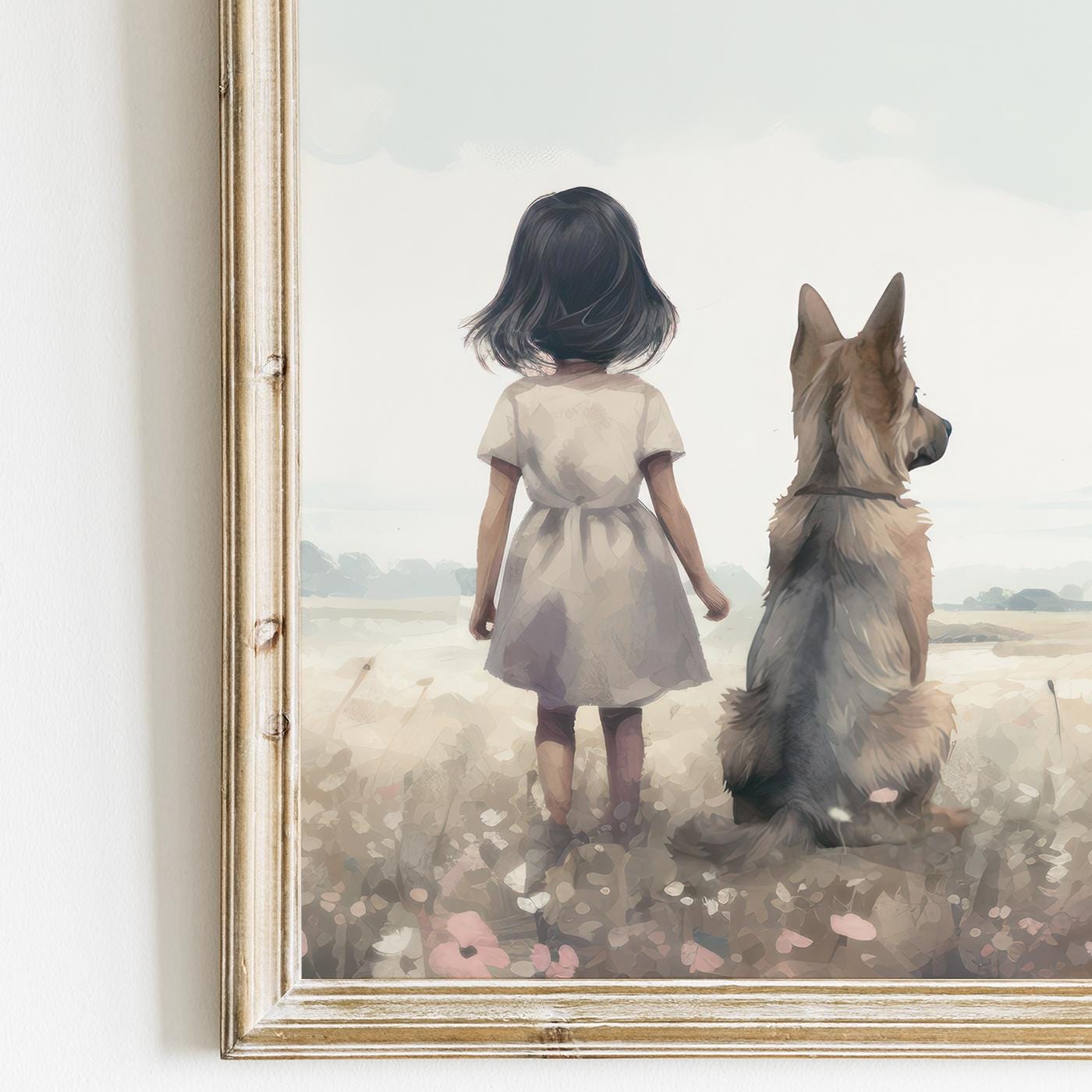 German Shepherd Nursery Art, Dog Nursery Wall Decor, Set of 3, GSD PrPainting, Girl & Dog, Wildflower Field, PRINTABLE Dog Decor Girl Room - My Store