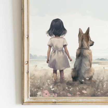 German Shepherd Nursery Art, Dog Nursery Wall Decor, Set of 3, GSD PrPainting, Girl & Dog, Wildflower Field, PRINTABLE Dog Decor Girl Room - My Store