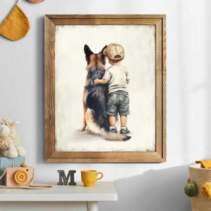 German Shepherd Nursery Decor, Boy and Dog Portrait, Kids Wall Art - WildfieldPrints
