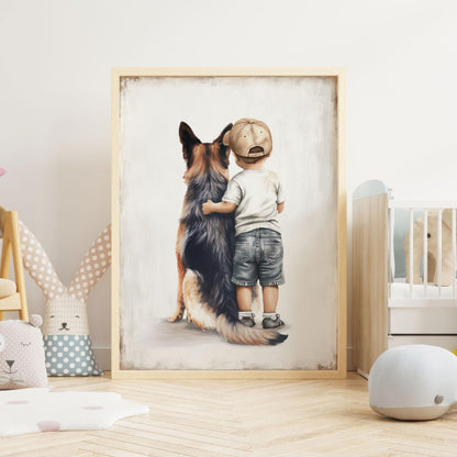 German Shepherd Nursery Decor, Boy and Dog Portrait, Kids Wall Art - WildfieldPrints