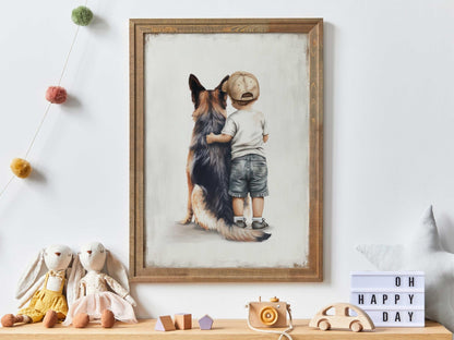 German Shepherd Nursery Decor, Boy and Dog Portrait, Kids Wall Art - WildfieldPrints