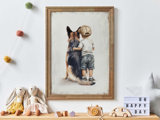 German Shepherd Nursery Decor, Boy and Dog Portrait, Kids Wall Art - WildfieldPrints