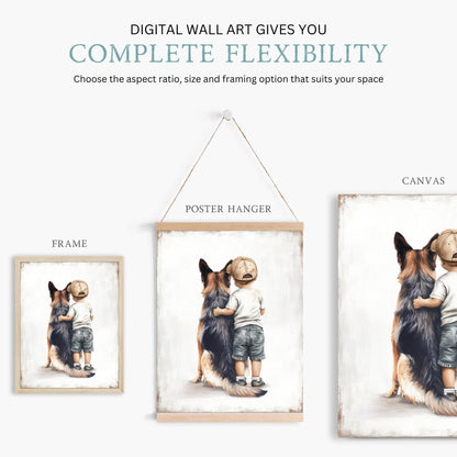 German Shepherd Nursery Decor, Boy and Dog Portrait, Kids Wall Art - WildfieldPrints