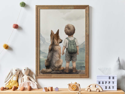 German Shepherd Nursery Decor, Boy & Dog Art, Cute Puppy Prints - WildfieldPrints