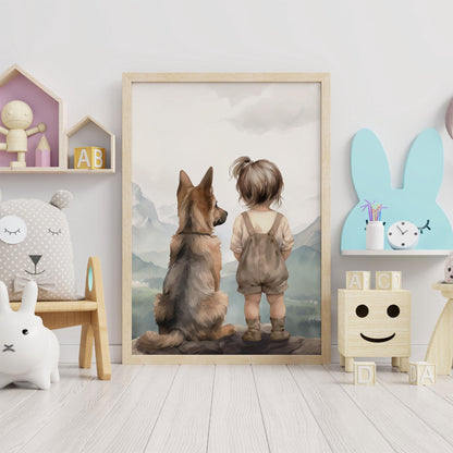 German Shepherd Nursery Decor, Girl and Dog Wall Art, Adventure Print - WildfieldPrints
