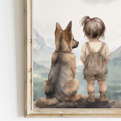 German Shepherd Nursery Decor, Girl and Dog Wall Art, Adventure Print - WildfieldPrints
