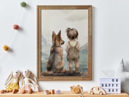 German Shepherd Nursery Decor, Girl and Dog Wall Art, Adventure Print - WildfieldPrints