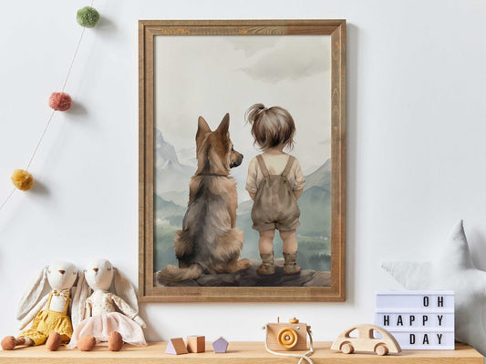 German Shepherd Nursery Decor, Girl and Dog Wall Art, Adventure Print - WildfieldPrints