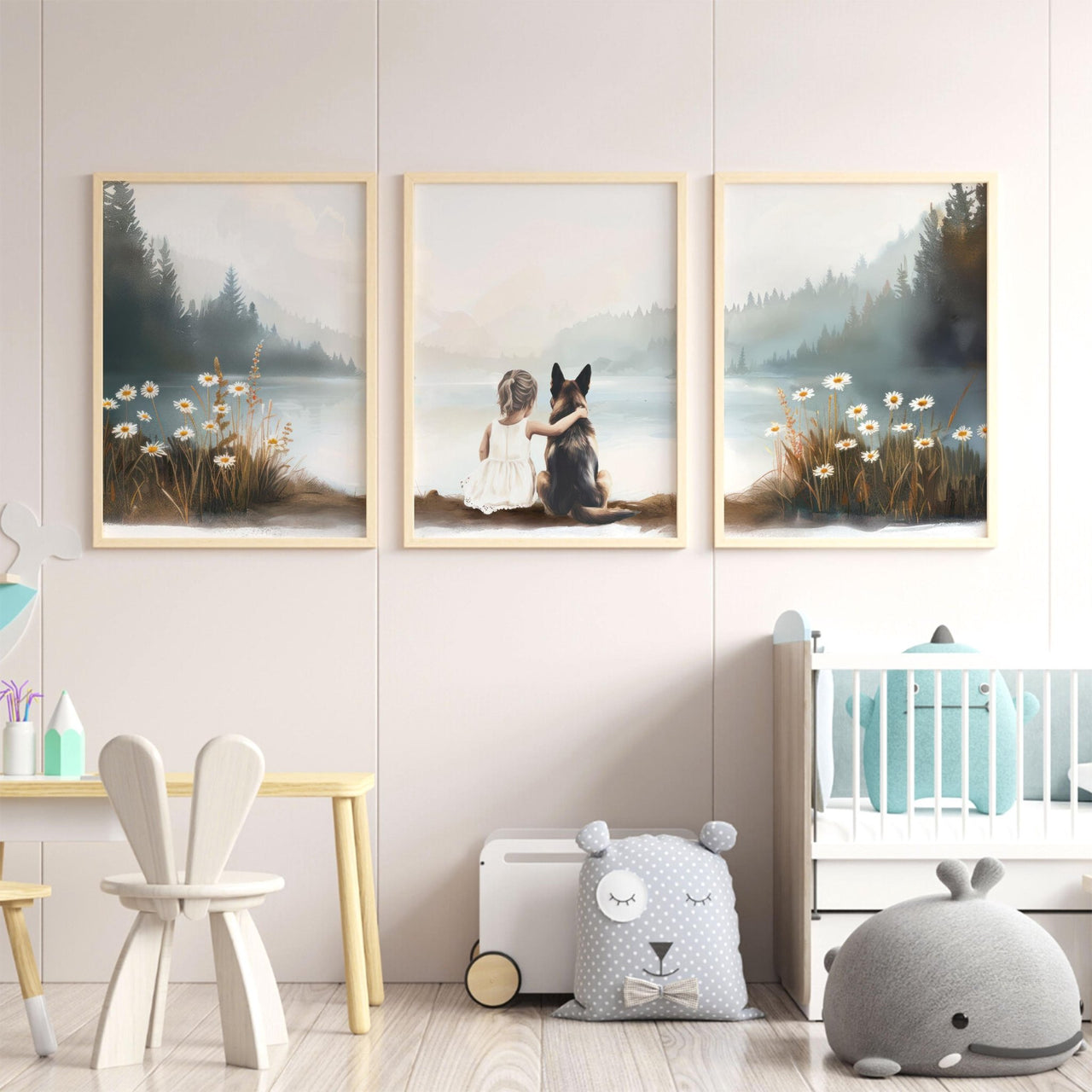 German Shepherd Wall Art – Dog Nursery Print for Kids • Set of 3