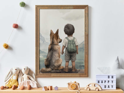 German Shepherd Nursery Print, Boy & Dog Art, Puppy Wall Decor - WildfieldPrints