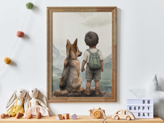 German Shepherd Nursery Print, Boy & Dog Art, Puppy Wall Decor - WildfieldPrints