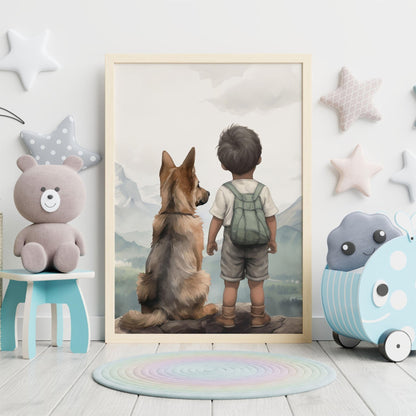 German Shepherd Nursery Print, Boy & Dog Art, Puppy Wall Decor - WildfieldPrints