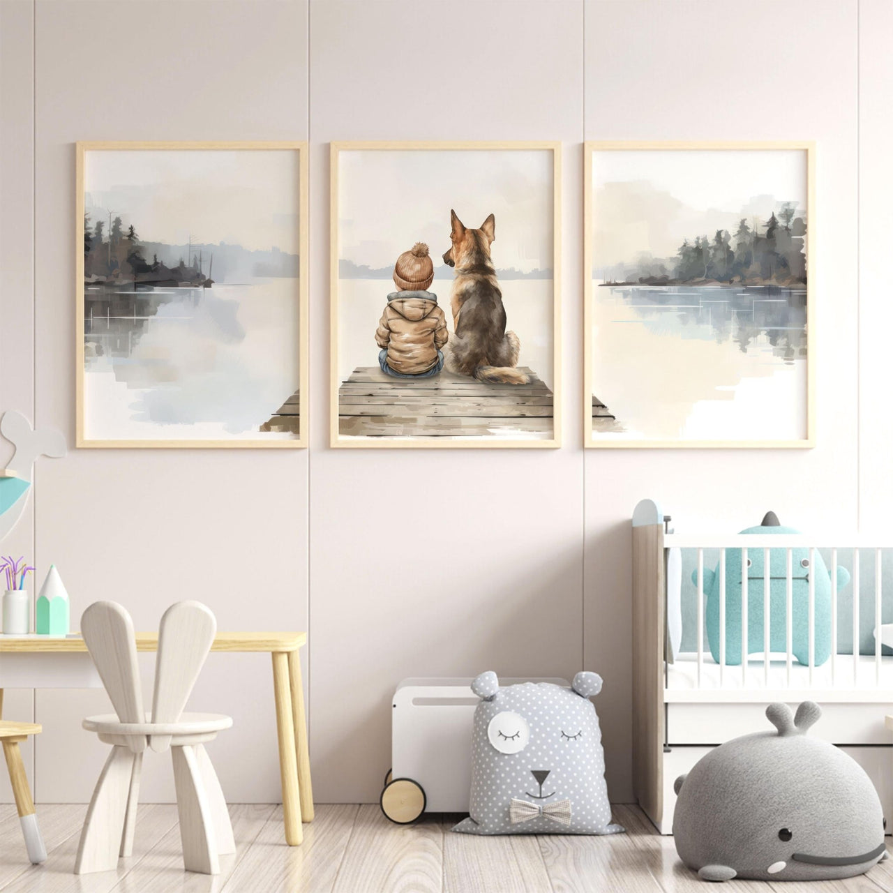 German Shepherd Nursery Print – Dog Boys Room Wall Art • Set of 3
