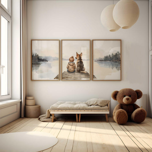 German Shepherd Nursery Print, Boy & Dog Wall Decor, GSD Art - WildfieldPrints