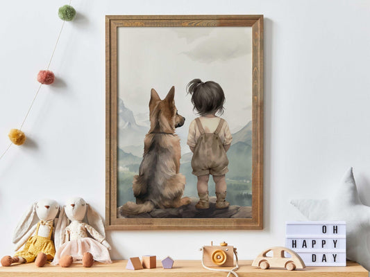 German Shepherd Nursery Print, Dog Wall Art for Girls Room, Hiking Decor - WildfieldPrints