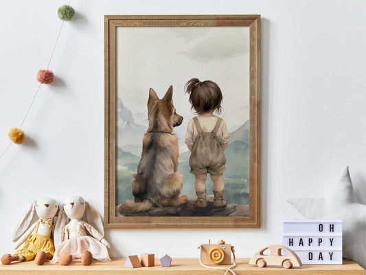 German Shepherd Nursery Print, Girl & Dog Wall Decor, Cute Canine Art - WildfieldPrints