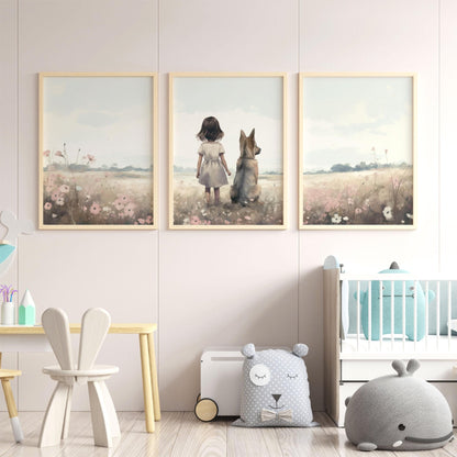 German Shepherd Nursery Prints, Dog Nursery Decor Set of 3, GSD Print, Girl & Dog, Wildflower Field Art, PRINTABLE Dog Decor Girl's Room - My Store
