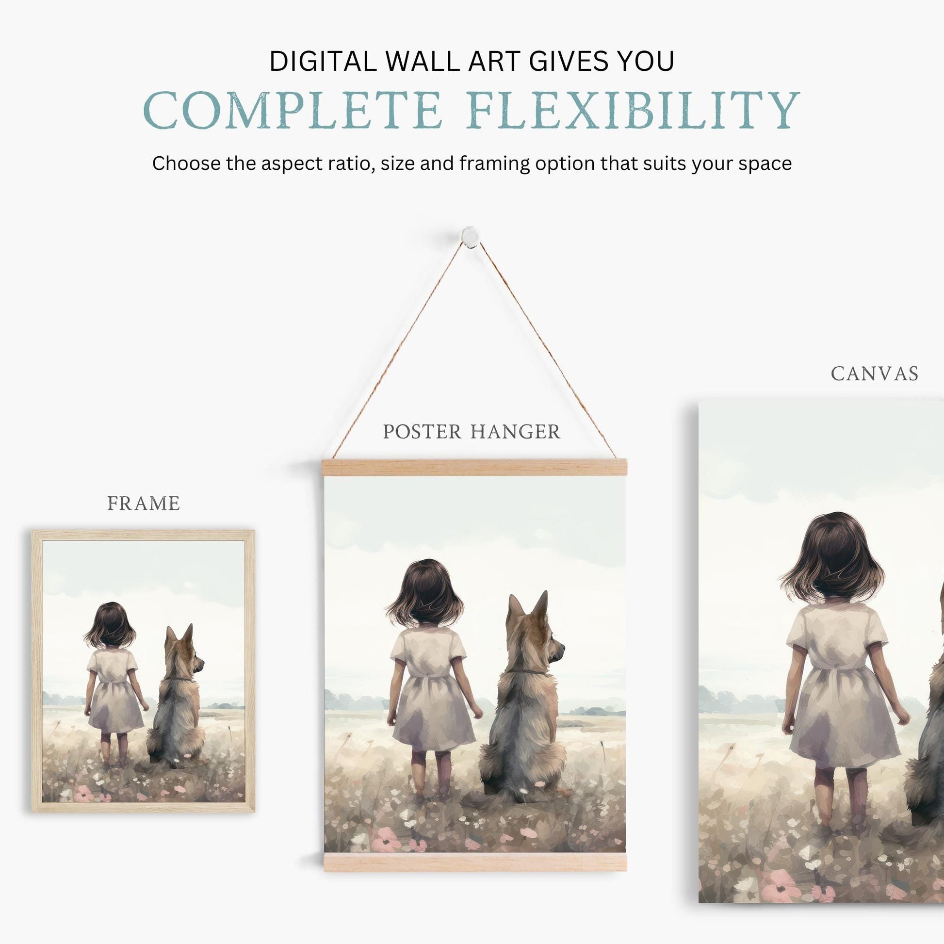 German Shepherd Nursery Prints, Dog Nursery Decor Set of 3, GSD Print, Girl & Dog, Wildflower Field Art, PRINTABLE Dog Decor Girl's Room - My Store