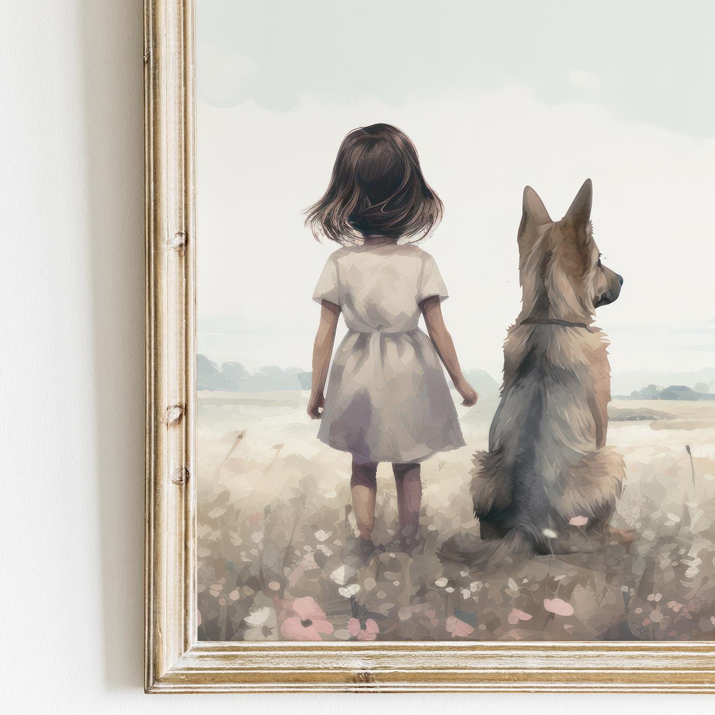 German Shepherd Nursery Prints, Dog Nursery Decor Set of 3, GSD Print, Girl & Dog, Wildflower Field Art, PRINTABLE Dog Decor Girl's Room - My Store