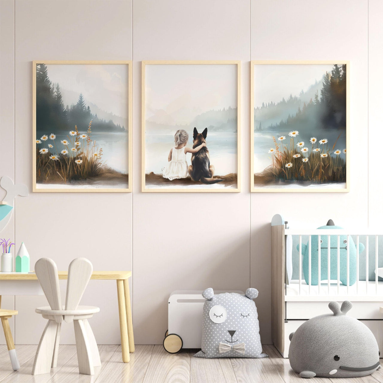 German Shepherd Wall Art – Dog Nursery Print for Kids Room • Set of 3